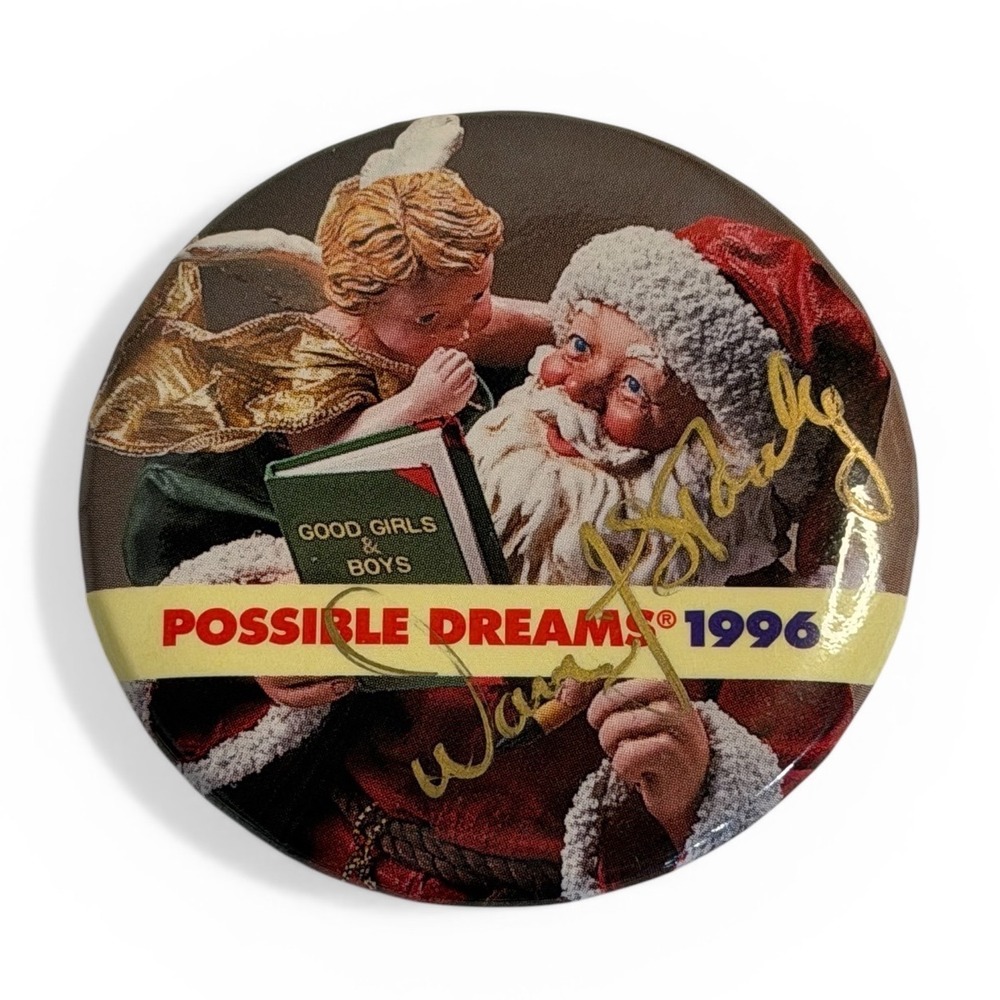 VTG Possible Dreams Button Pin Red Santa Claus Angel 1996 Holiday Christmas